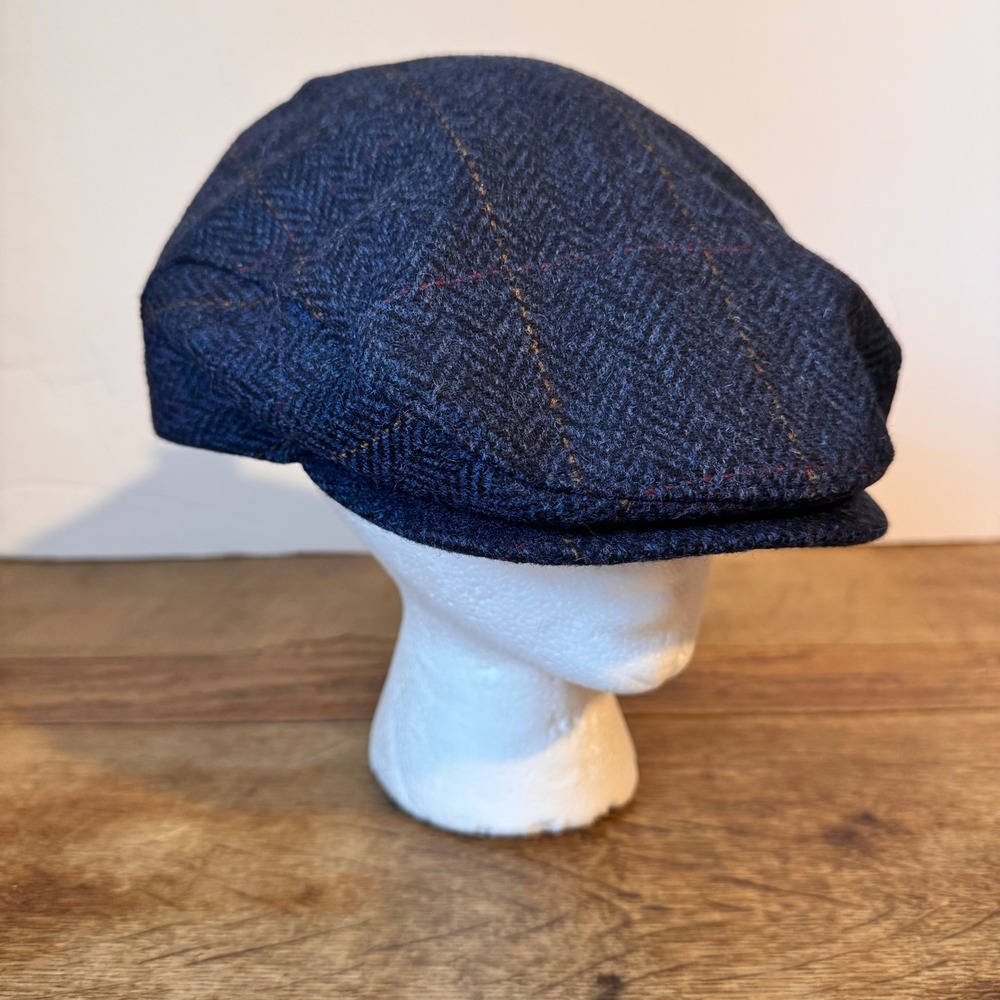 NWT Mucros Weavers Trinity Wool Cap Men XL Blue Herringbone Plaid Flat Cap